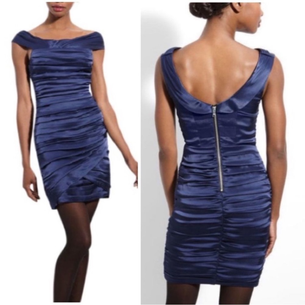 Alice + Olivia Navy Aliska Ruched Satin Dress